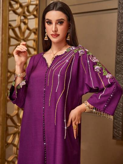 Layrah Asymmetric Purple Red Long Robe With Embroidery Details, Bead Decor And Notched V-Neckline, Elegant Evening Party Maxi Dress, Modest