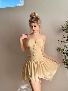 Sweetina 女士夏季卡其色蝴蝶结无肩带不对称荷叶边下摆约会连衣裙