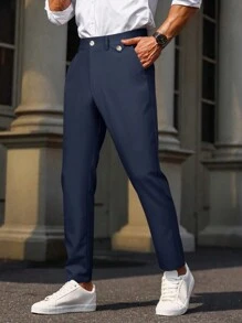 Manfinity Bizformal 男士纯色休闲裤（带口袋），男士海军蓝裤子，海军蓝裤子，男士正装裤，男士休闲裤，男士西装裤 - 寶藍色 - 查看 3