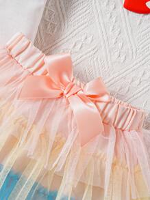 SHEIN Bộ 3 món đồ liền thân in họa tiết chữ cái và cầu vồng đáng yêu kèm váy voan nhiều lớp trang trí nơ cho bé gái, lý tưởng cho tiệc sinh nhật vào mùa xuân và mùa hè - Nhiều màu - Xem 8