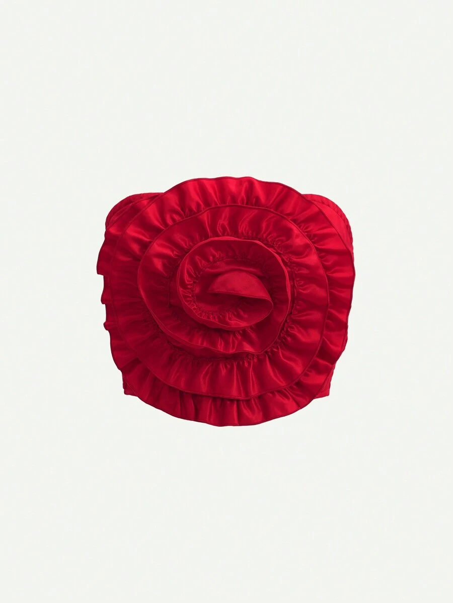 SHEIN MOD 红色立体花朵复古浪漫优雅淑女抹胸 - 紅色 - 查看 1