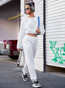 SHEIN Sports Solid Color Casual Sports Suit Women Tracksuit - White - View 1