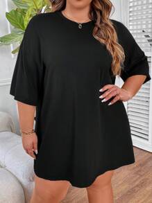 SHEIN CURVE+ 大尺碼女士純色圓領t恤 - 黑色 - 查看 1