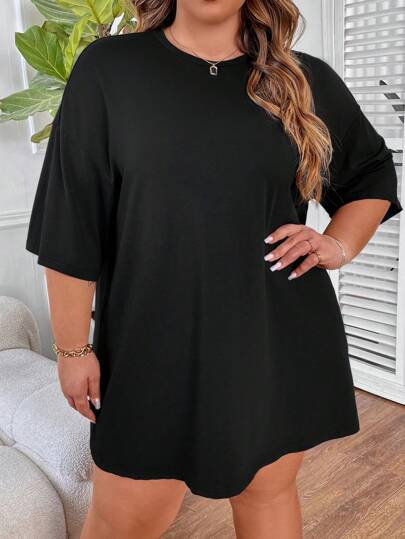 SHEIN CURVE+ 大尺碼女士純色圓領t恤