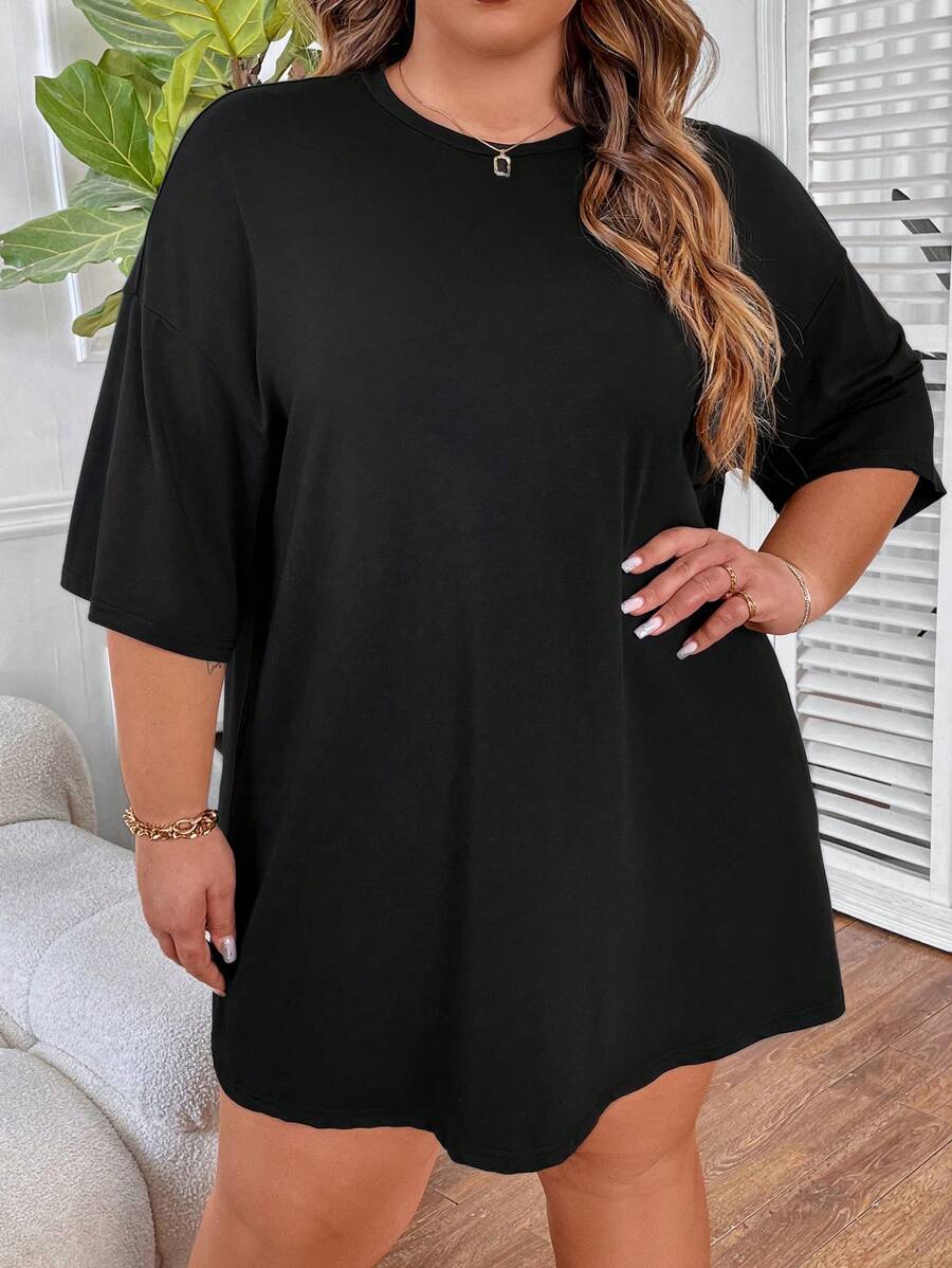 SHEIN CURVE+ 大尺碼女士純色圓領t恤 - 黑色 - 查看 1