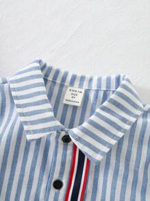 SHEIN 2pcs/Set Young Boys' Casual And Sporty Colorful Striped Trim Short Sleeve Shirt With Lapel And White Shorts With Striped Trim For Daily Wear, School, Sports, Spring And Summer Seasons - Multicolor - View 4