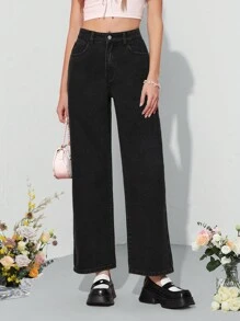 SHEIN MOD 女士純色直筒牛仔褲 - 黑色 - 查看 4