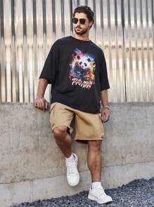 Manfinity Homme 男士加大號寬鬆休閒工裝短褲 - 卡其色 - 查看 3