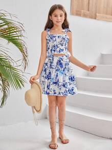 Tween 女童编织花卉褶皱吊带上衣和宽松编织裙两件套 - 彩色 - 查看 3