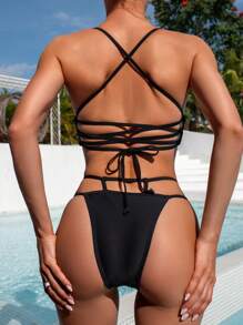 SHEIN Swim Bộ bikini cut-out trơn dành cho nữ đi biển mùa hè - màu đen - Xem 2