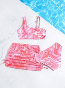 SHEIN 年轻女孩不对称印花斜肩比基尼套装配套套装夏季海滩 - 粉色 - 查看 3