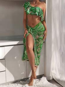 SHEIN Swim One-Shoulder Ruffled Flower Decorated Bikini Set With Bikini Set Skirt Summer Beach