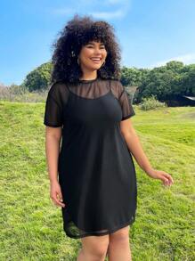 SHEIN EZwear 2件套黑色针织连衣裙，带透明覆层，音乐节服装 - 黑色 - 查看 4