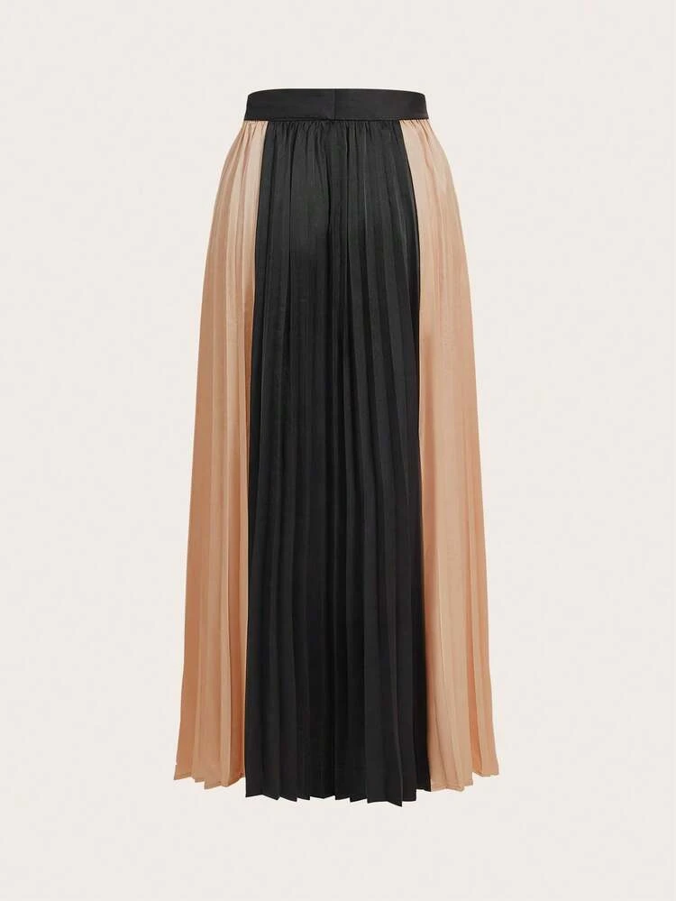 Women's High-Waisted Color Block Pleated Mid-Length Skirt