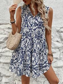 SHEIN LUNE Women's Geometric Printed Sleeveless Dress - Blue and White - View 3