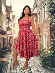 SHEIN Unity 大尺碼女裝格紋掛脖繫帶腰連身裙 - 紅色 - 查看 6