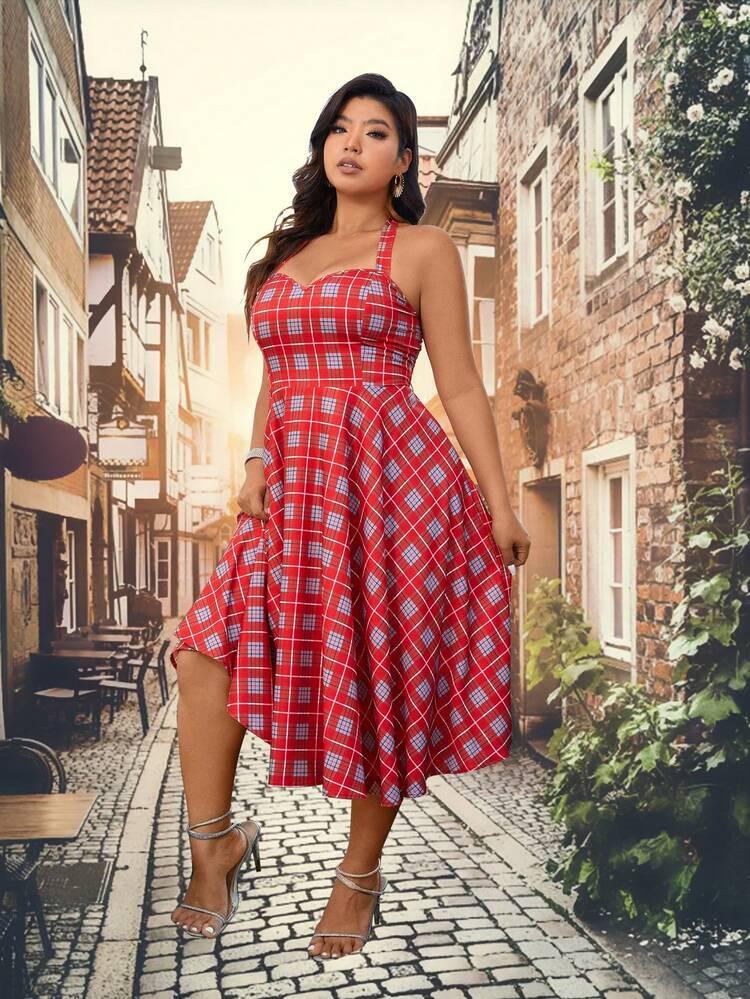 Plus Size Women's Plaid Halter Neck Tie Waist Dress