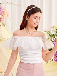 SHEIN 少女针织撞色网眼荷叶边下摆休闲露肩褶饰T恤 - 白色 - 查看 5