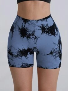 Easithlete 无缝扎染运动短裤紧身短裤蓝色短裤女士运动短裤、健身短裤、骑行短裤 - 藏蓝色 - 查看 5