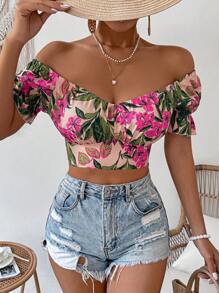 SHEIN Frenchy 女式露肩短袖植物印花衬衫、短袖上衣 - 彩色 - 查看 6