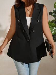 SHEIN Clasi Plus Size Collarless Sleeveless Blazer Jacket - Black - View 6