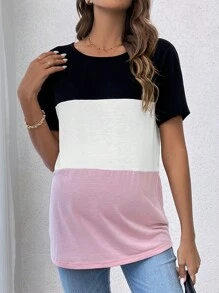 SHEIN Young Maternity Casual Round Neck Short Sleeve Color Block Long T-Shirt - Multicolor - View 5
