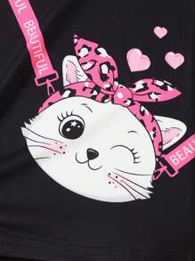 SHEIN 女小童卡通圖案T恤&豹紋印花短褲