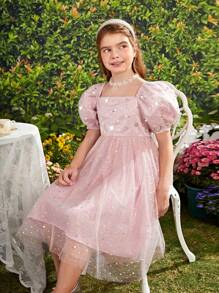 Tween Girl's Elegant Gorgeous Square Neckline Bubble Sleeve Net Yarn Sequin Decor Dress - Pink - View 1