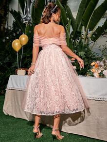 Glamaker Women's Off Shoulder Lace Cocktail Party Formal Dress - Pink - View 2