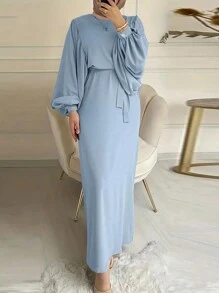 Women's Solid Color Round Neck Lantern Sleeve Fitted Modest Long Sleeve Dress - Blue - View 1