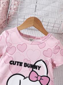 SHEIN Baby Girl Cartoon Rabbit & Heart Pattern Short Sleeve Dress - Pink - View 4