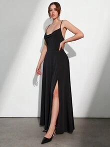 EURMUSE Women's High Slit Cami Dress - Black - View 5