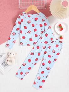 SHEIN 少女針織草莓紋圓領上衣和褲子套裝,緊身休閒居家服 - 藍色 - 查看 2