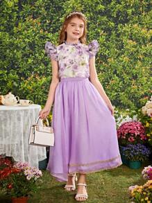 SHEIN Camisa De Organza Elegante De Patrón Floral Con Cuello De Encaje Francés Para Niñas Adolescentes Con Mangas Doble Capa Con Volantes Plisados