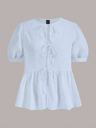 SHEINNeu 女性純色綁帶短袖襯衫