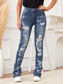 Của phụ nữ Rách Denim Quần jean - Rửa trung bình - Xem 3