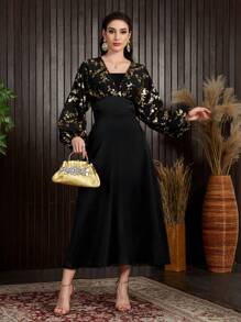 Modelyn Vestido De Manga Murciélago Para Mujer Con Estampado Floral Y Parches - Negro - Ver 6