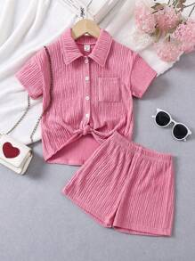 Trẻ Cô gái Màu thuần Ngắn tay Áo sơ mi Và Bộ quần short - Hồng - Xem 1