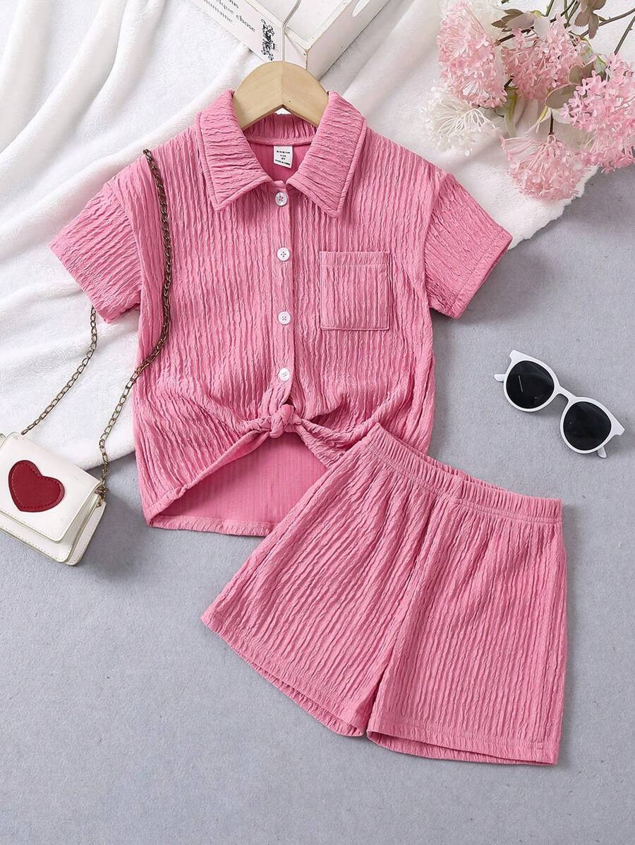 Trẻ Cô gái Màu thuần Ngắn tay Áo sơ mi Và Bộ quần short - Hồng - Xem 1