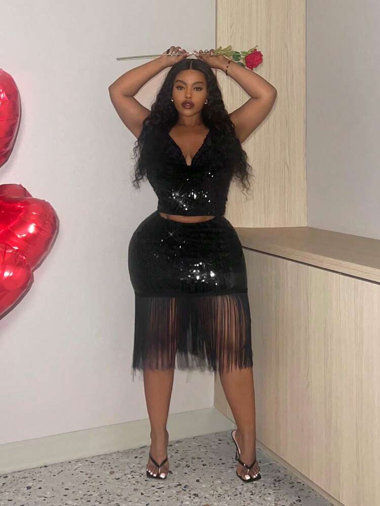 Slayr Plus Size Sexy Sequin Plunge Spaghetti Strap Tube Top, Date Night Tops
