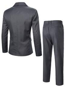 SHEIN Manfinity Mode 男士顏色塊長袖西裝外套和褲子套裝 - 灰色 - 查看 2