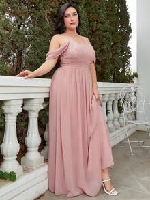 Plus Size Women Off Shoulder Gathered Waist Chiffon Bridesmaid Dress - Dusty Pink - View 6