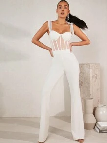 L'Amorae Women's Mesh Contrast Shoulder Tie Jumpsuit - White - View 3