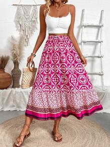 EMERY ROSE Falda con estampado floral de bloques de color y volantes para mujer, otoño para mujer - Rosa Fucsia - Ver 1