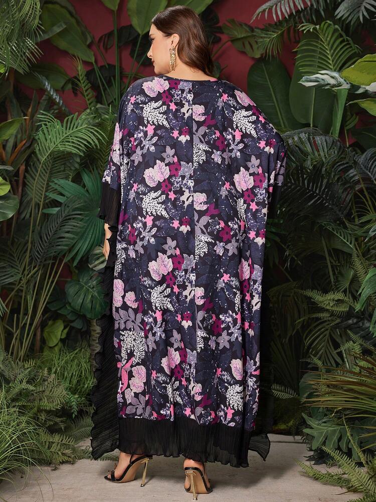 Plant Printed Splice Plus Size Batwing Sleeve Dress Kaftan Jalabiya Dress