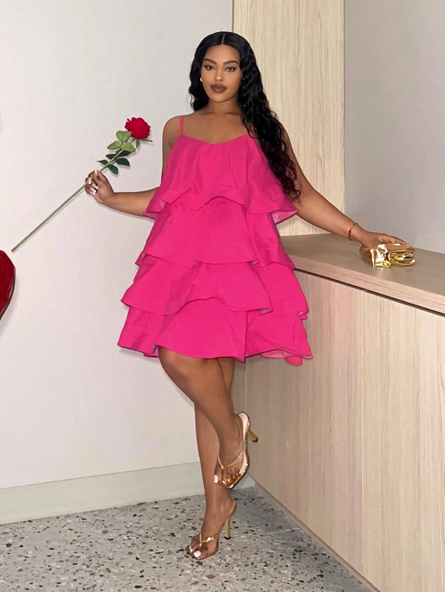 Slaydiva 情人節熱粉色加大號透視網紗連衣裙，多層設計，晚禮服，性感裝 - 玫紅色 - 查看 1