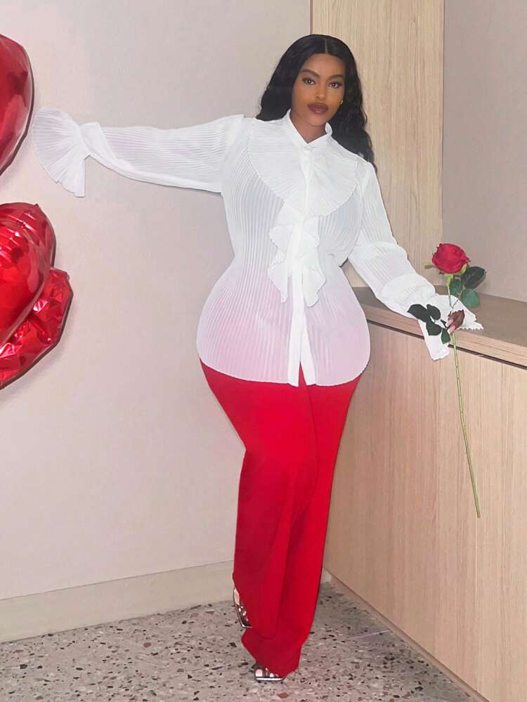 Sexy Valentine's Day White Romantic Pleated Ruffle Hem Plus Size Shirt With Sheer Details