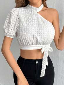 SHEIN Privé 女士不對稱領口泡泡袖系帶前短款上衣 - 白色 - 查看 3