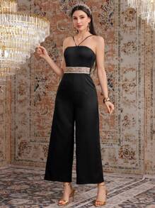 Modelyn Women's Bandage Halter Neck Jumpsuit With Vintage Printed Sequin Fringe Jacket, 2pcs/Set 2 Piece Set - Black - View 7