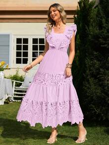 Simplee Women's Pleated Lace Patchwork Dress With Ruffle Trim